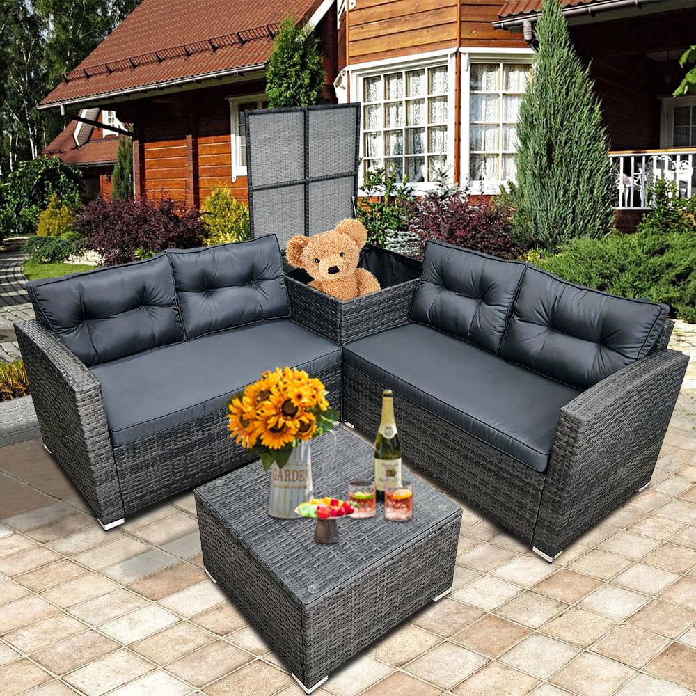 4 Piece Patio Furniture Set, All Weather Outdoor Sectional Sofa Set, Pe  Rattan Conversation Set With Storage Box, Table & Cushions, Wicker  Furniture Couch Set For Patio Deck Garden Poolside Yard, B862 – With Regard To Storage Table For Backyard, Garden, Porch (View 11 of 15)