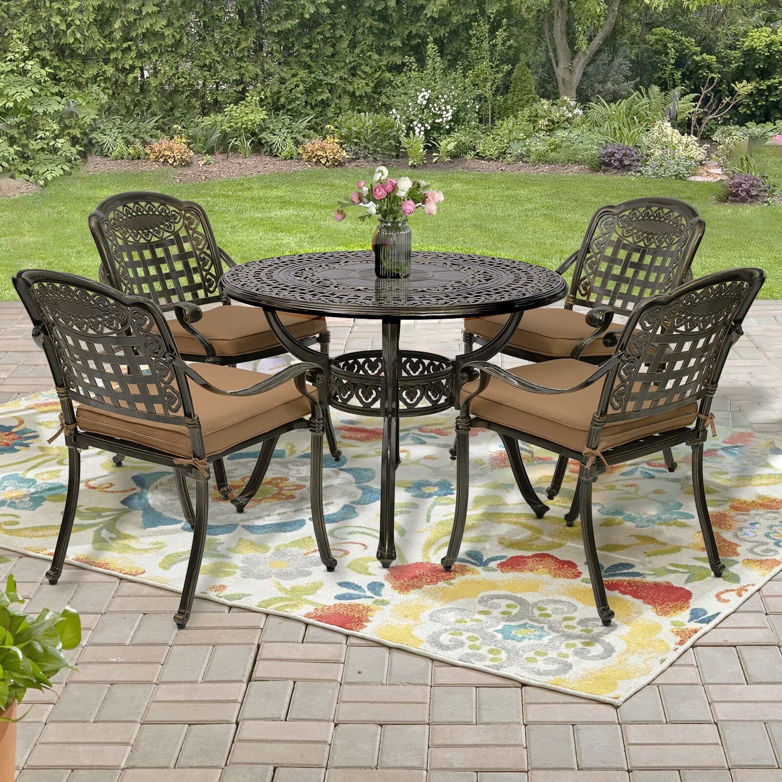 5 Piece Outdoor Patio Dining Set Cast Aluminum Includes 4 Chairs, 1 Round  Table | Ebay Inside 5 Piece Outdoor Patio Furniture Set (Photo 8 of 15)