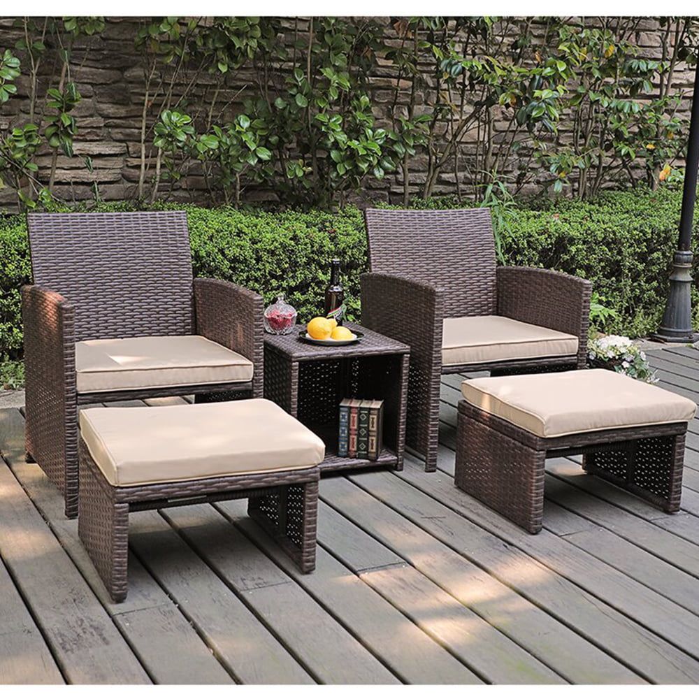 5 Piece Patio Conversation Set Balcony Furniture Set With Beige Cushions,  Brown Wicker Chair With Ottoman, Storage Table For Backyard, Garden, Porch  – Walmart For Balcony Furniture Set With Beige Cushions (View 2 of 15)