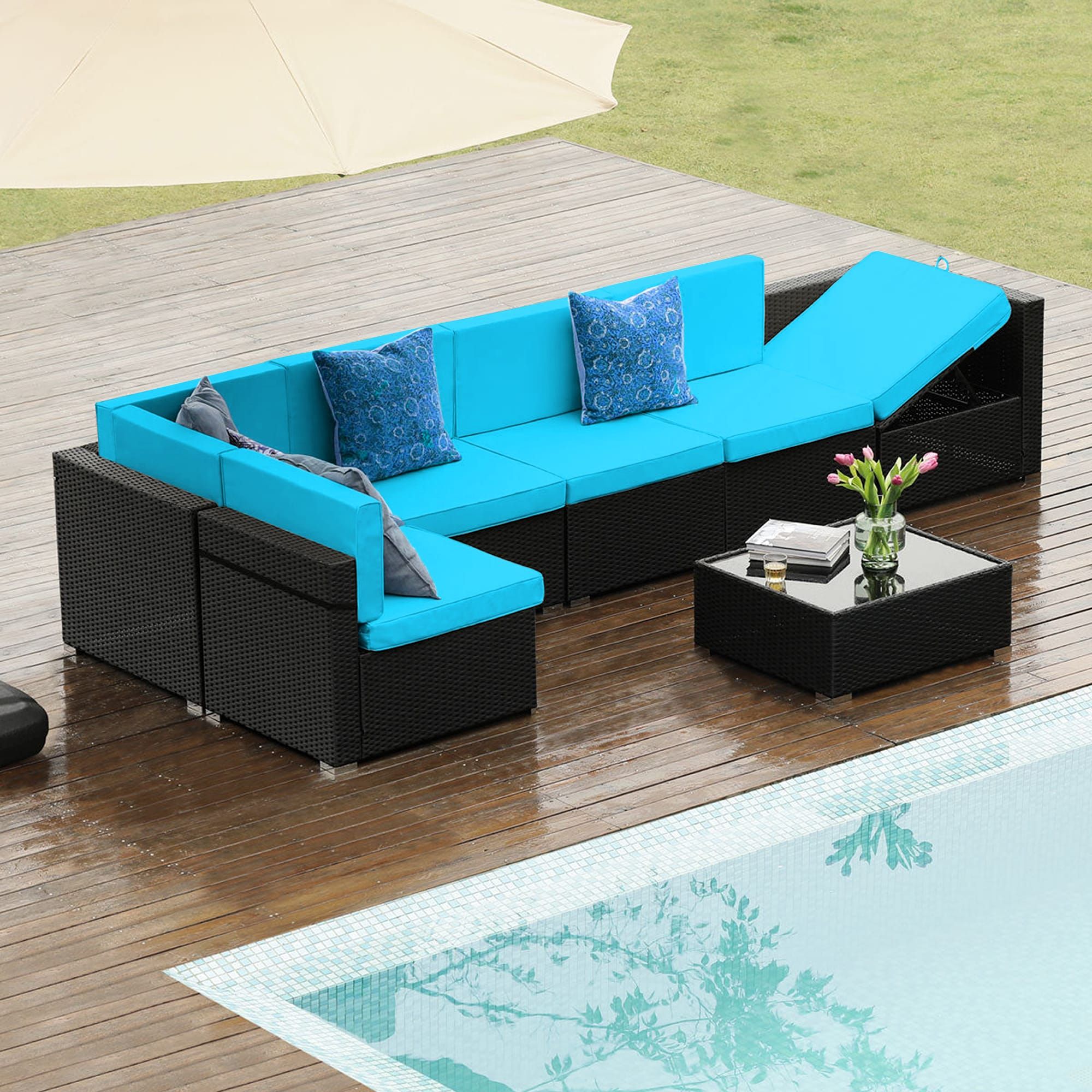 7  Piece Patio Conversation Set Rattan Outdoor Sectional With Blue  Cushion(s) And Iron Frame In The Patio Sectionals & Sofas Department At  Lowes Pertaining To Side Table Iron Frame Patio Furniture Set (View 5 of 15)