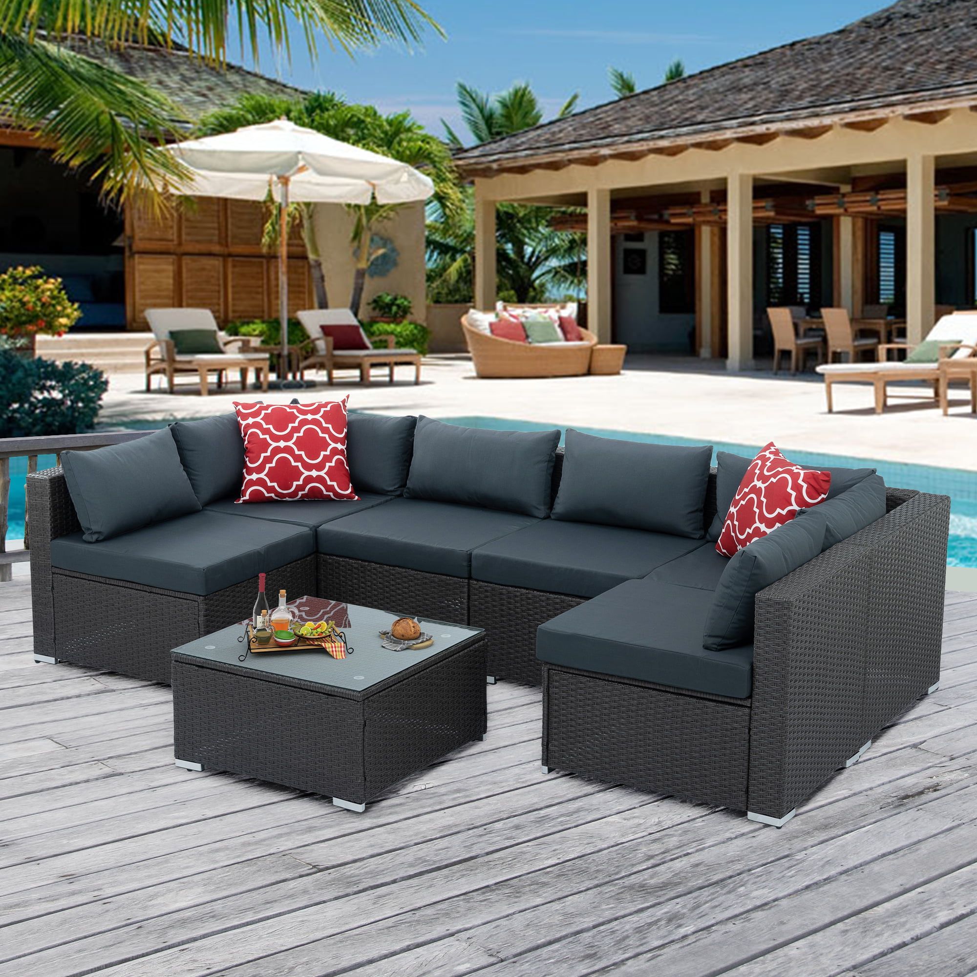 7 Piece Patio Sectional Sofa Set, Outdoor Conversation Set, All Weather  Wicker Sectional Seating Group With Cushions & Coffee Table, Modern Furniture  Couch Set For Patio Deck Garden Pool, Gray – Walmart Within Cushions & Coffee Table Furniture Couch Set (Photo 1 of 15)