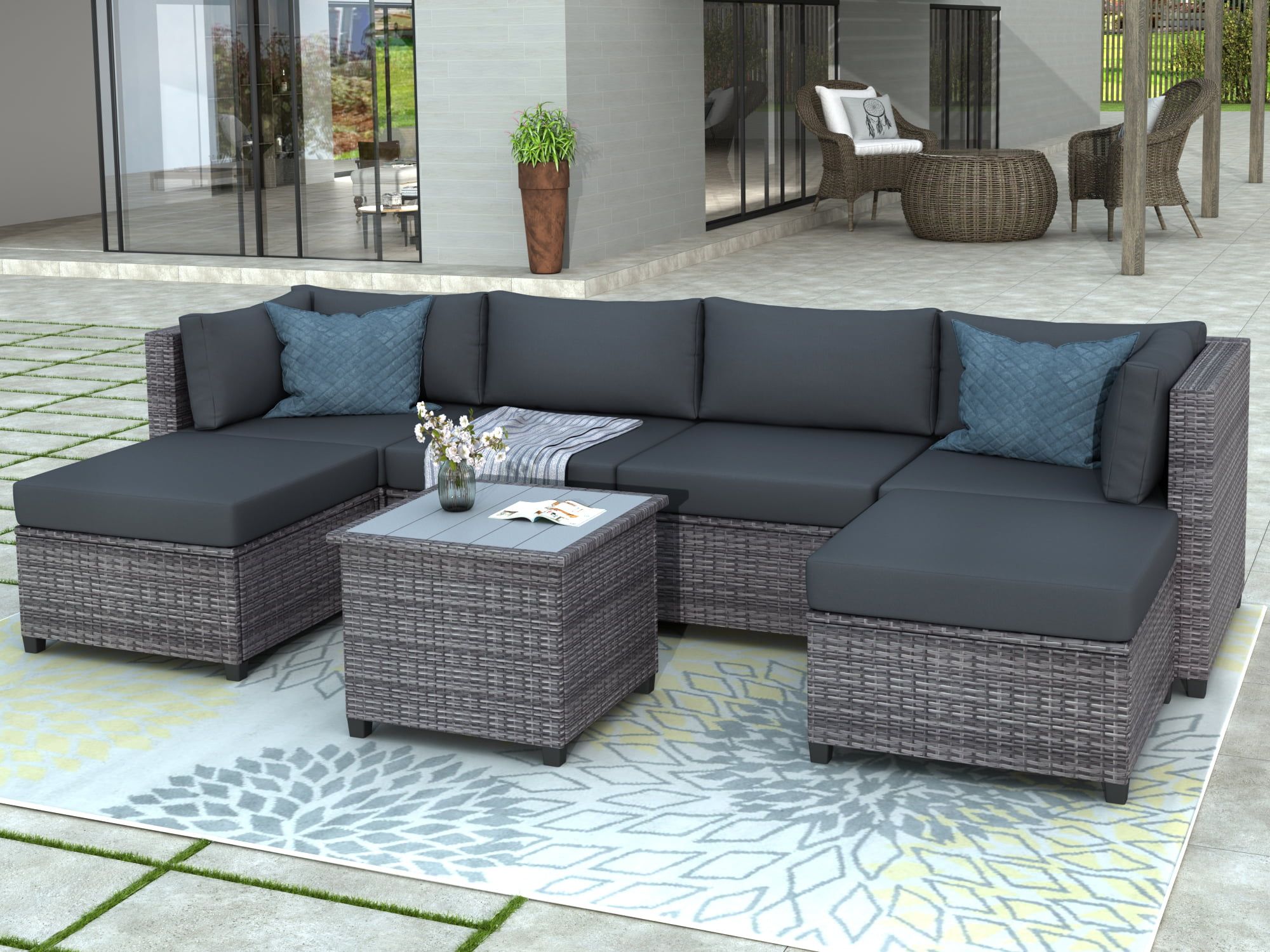7 Piece Patio Sectional Sofa Set With 4 Rattan Wicker Chairs, 2 Ottoman, Coffee  Table, All Weather Outdoor Conversation Set With Gray Cushions For  Backyard, Porch, Garden, Poolside, L5018 – Walmart With Regard To Outdoor Rattan Sectional Sofas With Coffee Table (Photo 4 of 15)