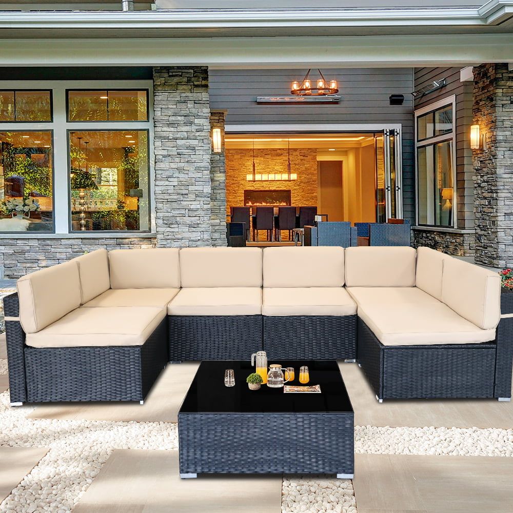 7 Piece Rattan Sectional Sofa Set, Outdoor Conversation Set, All Weather  Wicker Sectional Seating Group With Cushions & Coffee Table, Morden Furniture  Couch Set For Patio Deck Garden Pool, K2774 – Walmart Intended For Cushions & Coffee Table Furniture Couch Set (Photo 6 of 15)
