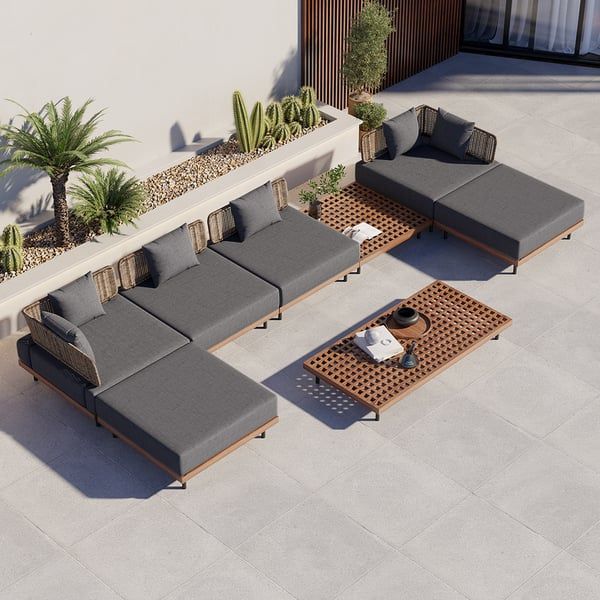 8pcs Teak & Aluminium & Rattan Outdoor Sectional Sofa Set With Coffee Table  And Cushion Homary With Outdoor Rattan Sectional Sofas With Coffee Table (View 5 of 15)
