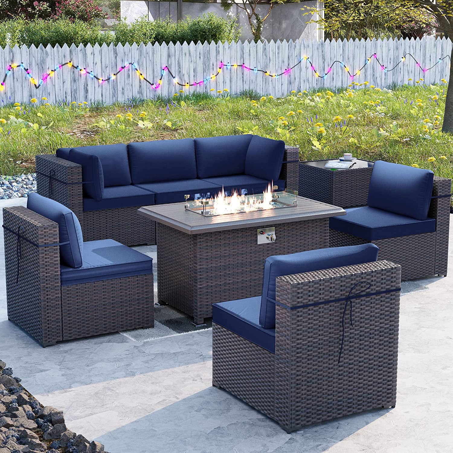 Alaulm 8 Pieces Outdoor Furniture Set With 43" Gas Propane Fire Pit Table  Pe Wicker Rattan Sectional Sofa Patio Conversation Sets,red – Walmart Within Fire Pit Table Wicker Sectional Sofa Conversation Set (View 5 of 15)