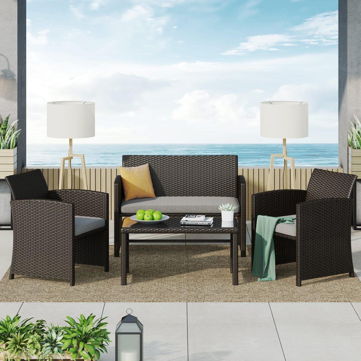 Alsace 4 Piece Outdoor Brown Rattan Sofa Conversation Set With Cushions |  Starsong Inside 4 Piece Outdoor Wicker Seating Set In Brown (Photo 9 of 15)