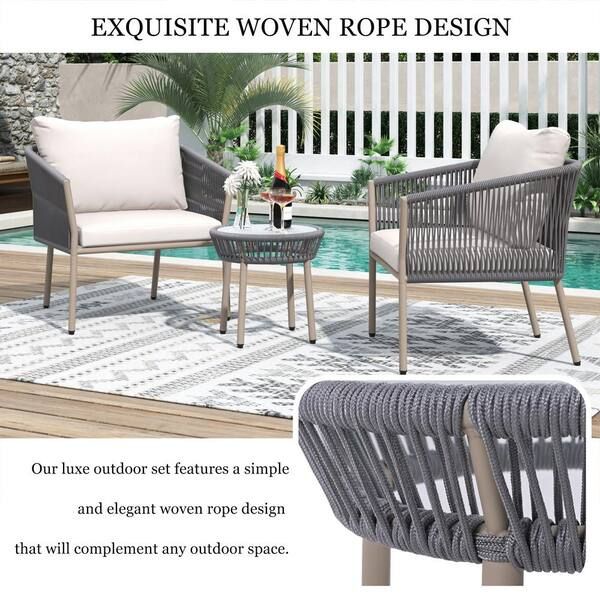 Anvil Beige 3 Piece Simple Woven Rope Metal Outdoor Bistro Set Round Table  Armchair Patio Conversation Set With Gray Cushion Ec Wf301555aae – The Home  Depot Regarding Woven Rope Outdoor 3 Piece Conversation Set (Photo 14 of 15)
