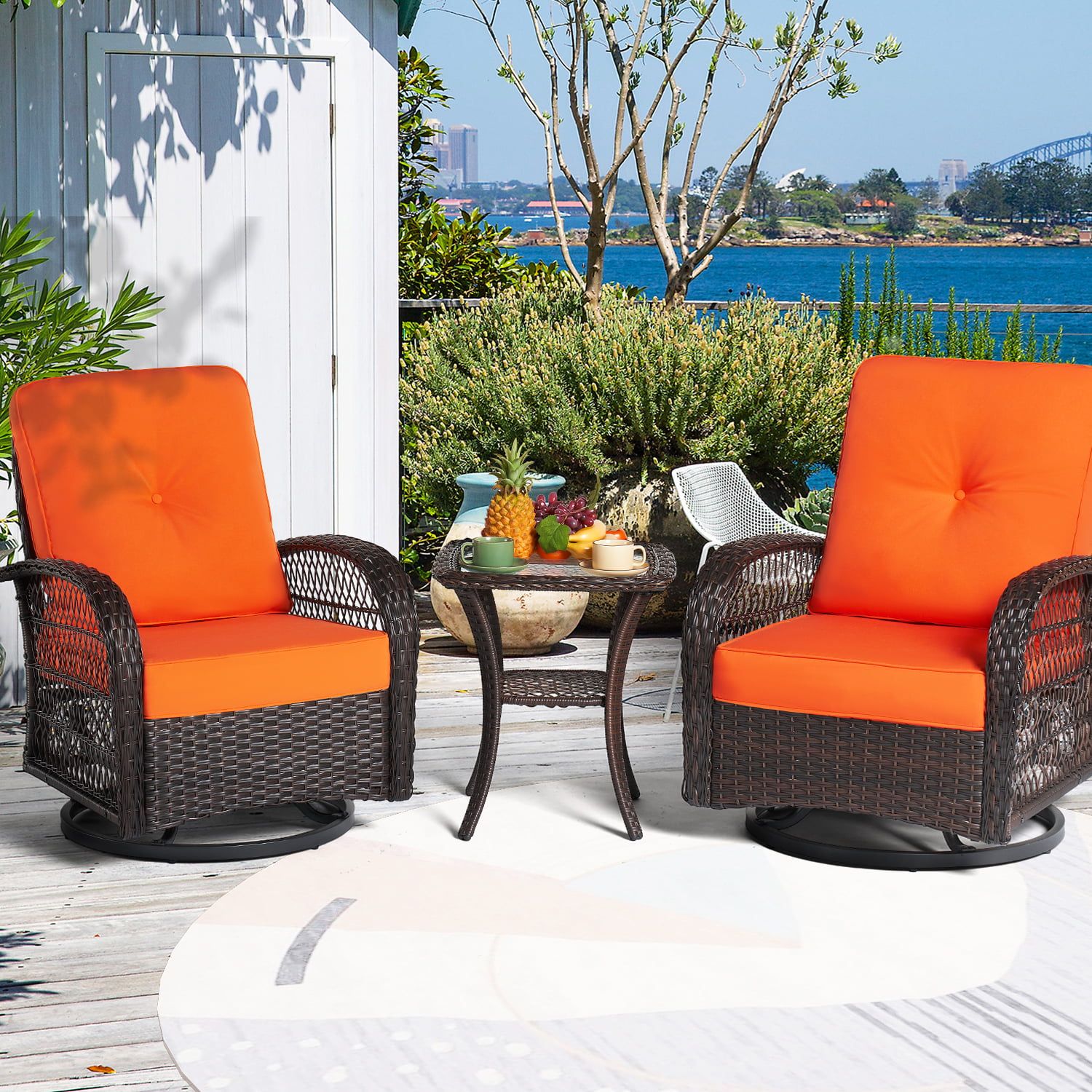Aoxun 3 Piece Patio Chairs Set, Swivel Rocking Chairs For Patio, Wicker  Bistro Set With Orange Cushions, Outdoor Swivel Rocker – Walmart With 3 Piece Cushion Rocking Chair Set (Photo 14 of 15)