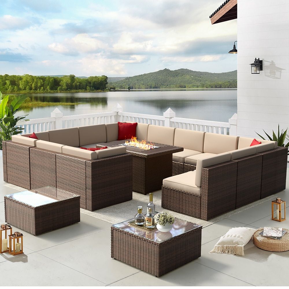 Aoxun Patio Furniture Set With Fire Pit Table 15 Piece Rattan Patio  Conversation Set With Brown Cushions In The Patio Conversation Sets  Department At Lowes For Fire Pit Table Wicker Sectional Sofa Conversation Set (View 6 of 15)