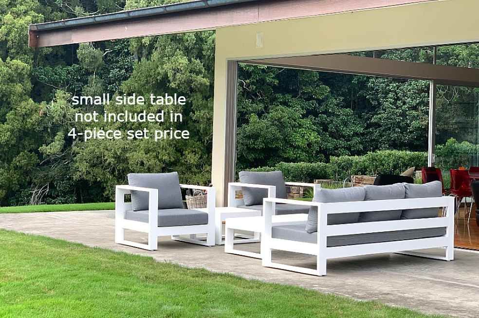 Bask 4 Piece Outdoor Lounge Set: 3 Seater, 2 X Single Chairs, Coffee Table  (white Frame) – Outside Space Regarding Outdoor 2 Arm Chairs And Coffee Table (Photo 13 of 15)