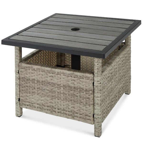 Best Choice Products Gray Wicker Rattan Patio Side Table Outdoor Furniture  For Garden, Pool, Deck With Umbrella Hole Sky6073 – The Home Depot In Storage Table For Backyard, Garden, Porch (View 14 of 15)