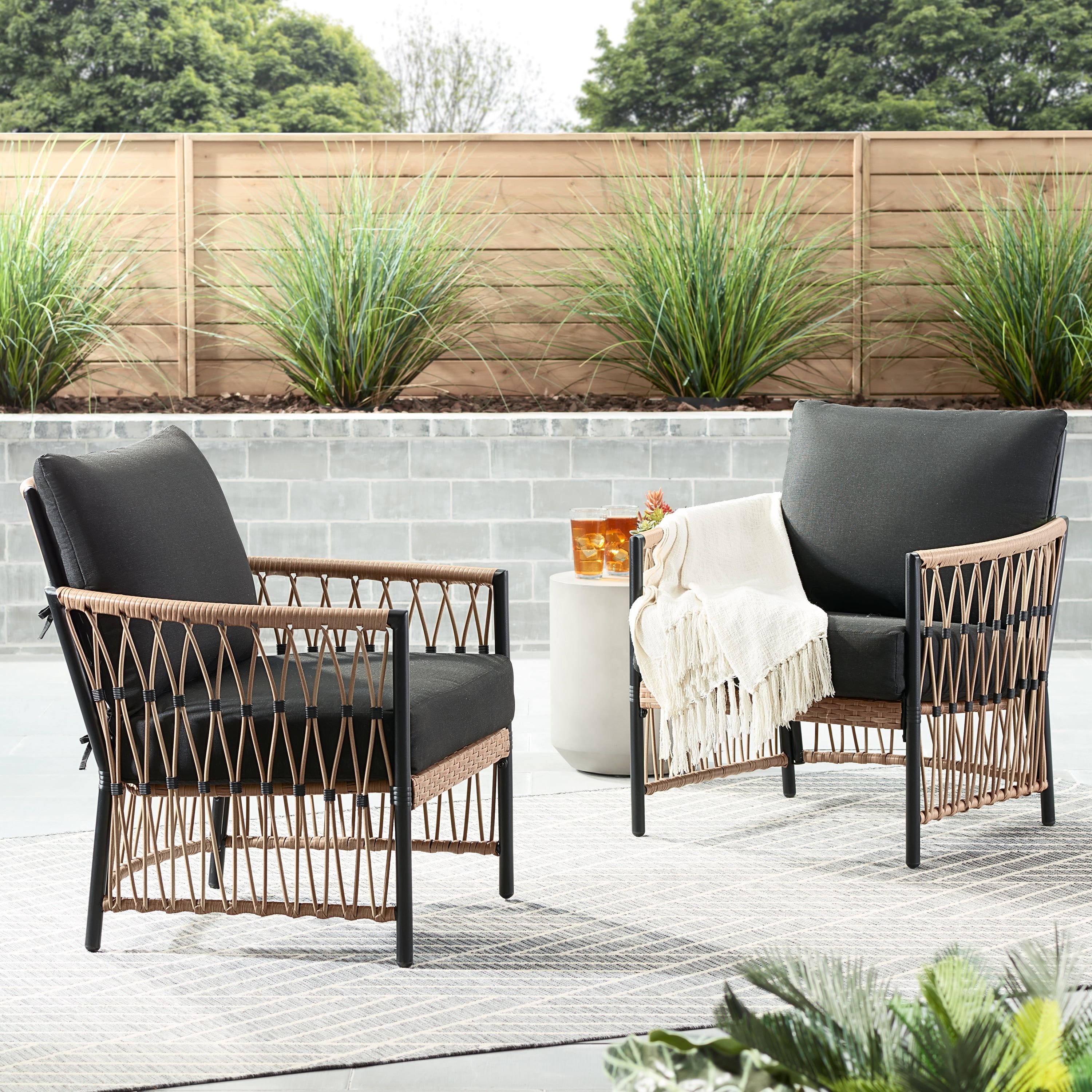 Better Homes & Gardens Lilah 4 Piece Outdoor Wicker Stationary Conversation  Set, Black – Walmart Within Outdoor Stationary Chat Set (Photo 15 of 15)