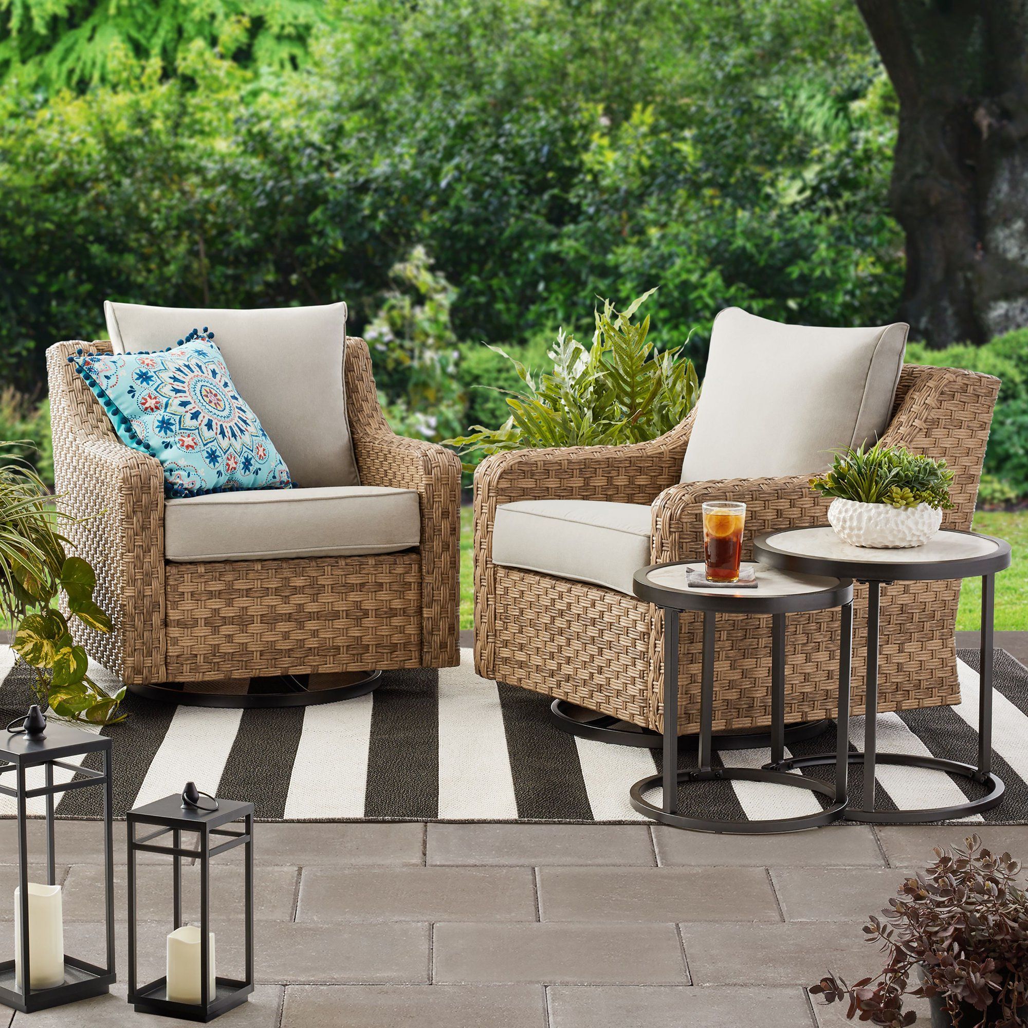 Better Homes & Gardens River Oaks 2 Piece Swivel Glider With Patio Cover –  Walmart | Patio Furniture Sets, Garden Patio Furniture, Conversation Set  Patio Intended For Oaks Table Set With Patio Cover (View 6 of 15)