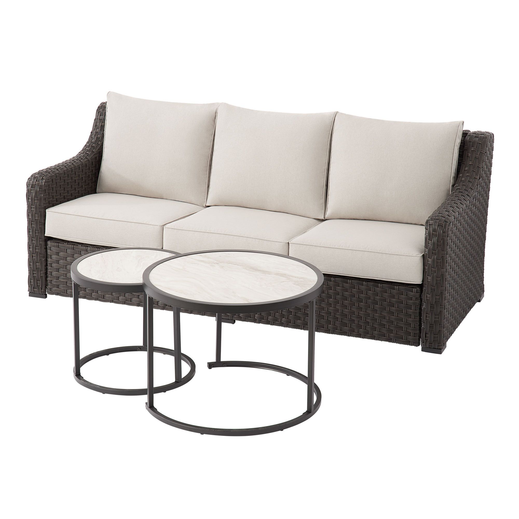 Better Homes & Gardens River Oaks 3 Piece Sofa And Nesting Tables With  Patio Cover, Dark – Walmart Pertaining To 3 Piece Sofa &amp; Nesting Table Set (View 7 of 15)