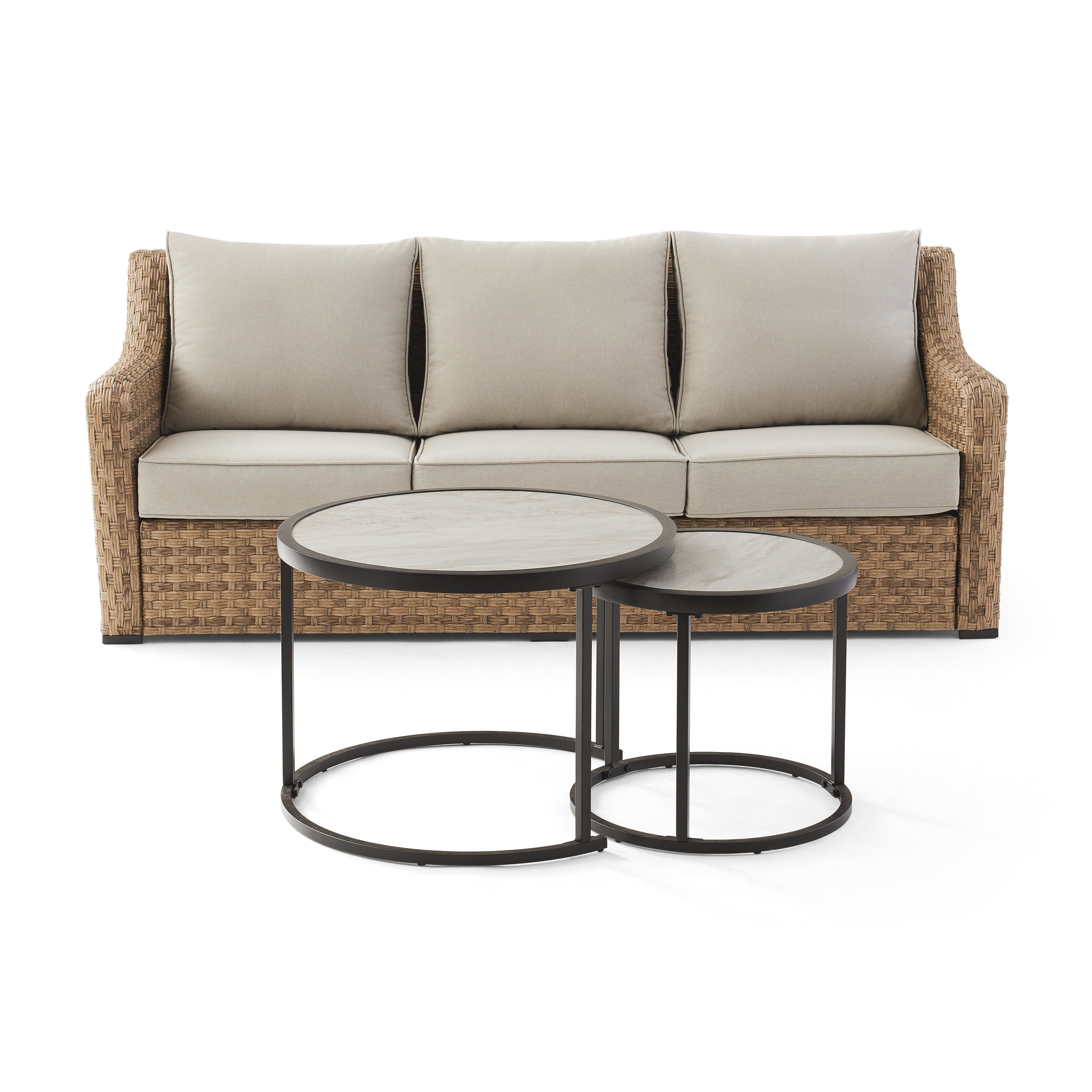 Better Homes & Gardens River Oaks 3 Piece Sofa & Nesting Table Set With  Patio Cover – Walmart Inside 3 Piece Sofa &amp; Nesting Table Set (View 3 of 15)