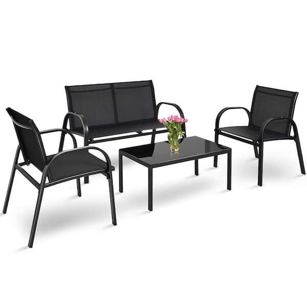 Black Patio Furniture Set Coffee Table With Steel Frame Bar Stools (set Of  4) Op3316 – The Home Depot With Side Table Iron Frame Patio Furniture Set (View 10 of 15)
