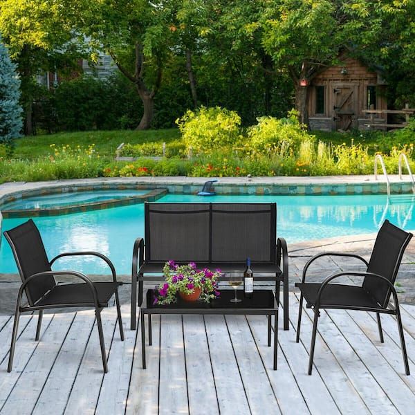 Black Patio Furniture Set Coffee Table With Steel Frame Bar Stools (set Of  4) Op3316 – The Home Depot With Side Table Iron Frame Patio Furniture Set (View 8 of 15)