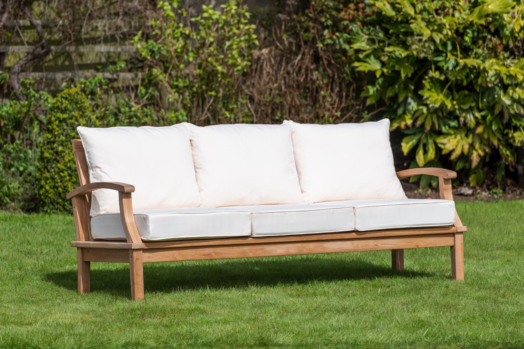 Burford 3 Seater Teak Garden Wooden Sofa | Sloane & Sons In Wood Sofa Cushioned Outdoor Garden (Photo 2 of 15)