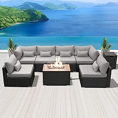 Buy Dineli Patio Furniture Sectional Sofa With Gas Fire Pit Table Outdoor  Patio Furniture Sets Propane Fire Pit Light Gray Rectangular Table Online  At Lowest Price In Ubuy India. B08hxtdm98 Within Fire Pit Table Wicker Sectional Sofa Set (Photo 14 of 15)