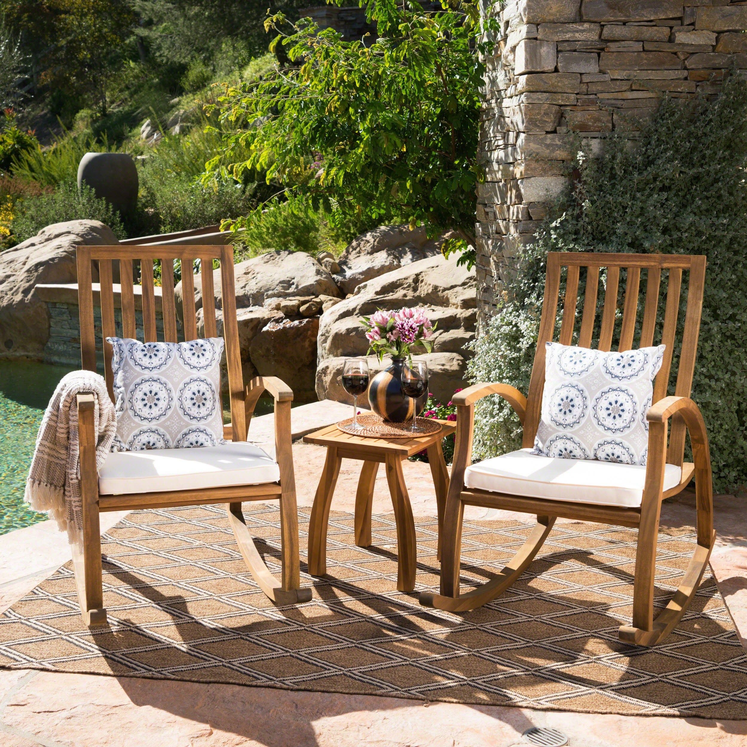 Cayo Acacia Wood Outdoor 3 Piece Rocking Chair Chat Set With Cushion Christopher Knight Home – On Sale – – 18158356 Regarding 3 Piece Cushion Rocking Chair Set (Photo 10 of 15)