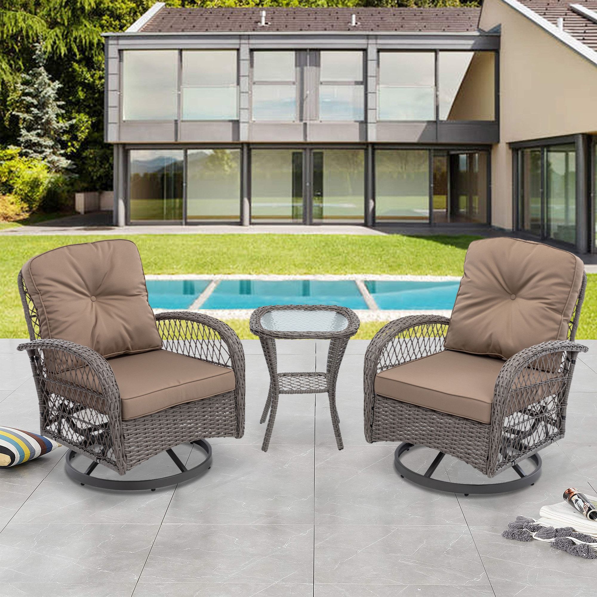 Clihome 3 Piece Patio Conversation Set With Outdoor Swivel Chairs Outdoor  Modern Wicker Furniture Set In The Patio Conversation Sets Department At  Lowes For 3 Pieces Outdoor Patio Swivel Rocker Set (View 11 of 15)
