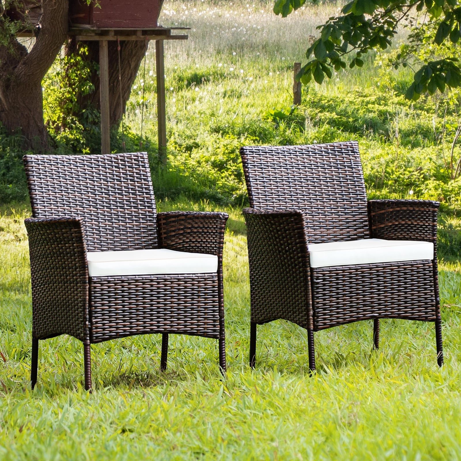 Clihome Outdoor Chairs Set Of 2 Rattan Mix Brown Rattan Frame Stationary  Conversation Chair(s) With Off White Cushioned Seat In The Patio Chairs  Department At Lowes Inside Outdoor Stationary Chat Set (View 11 of 15)