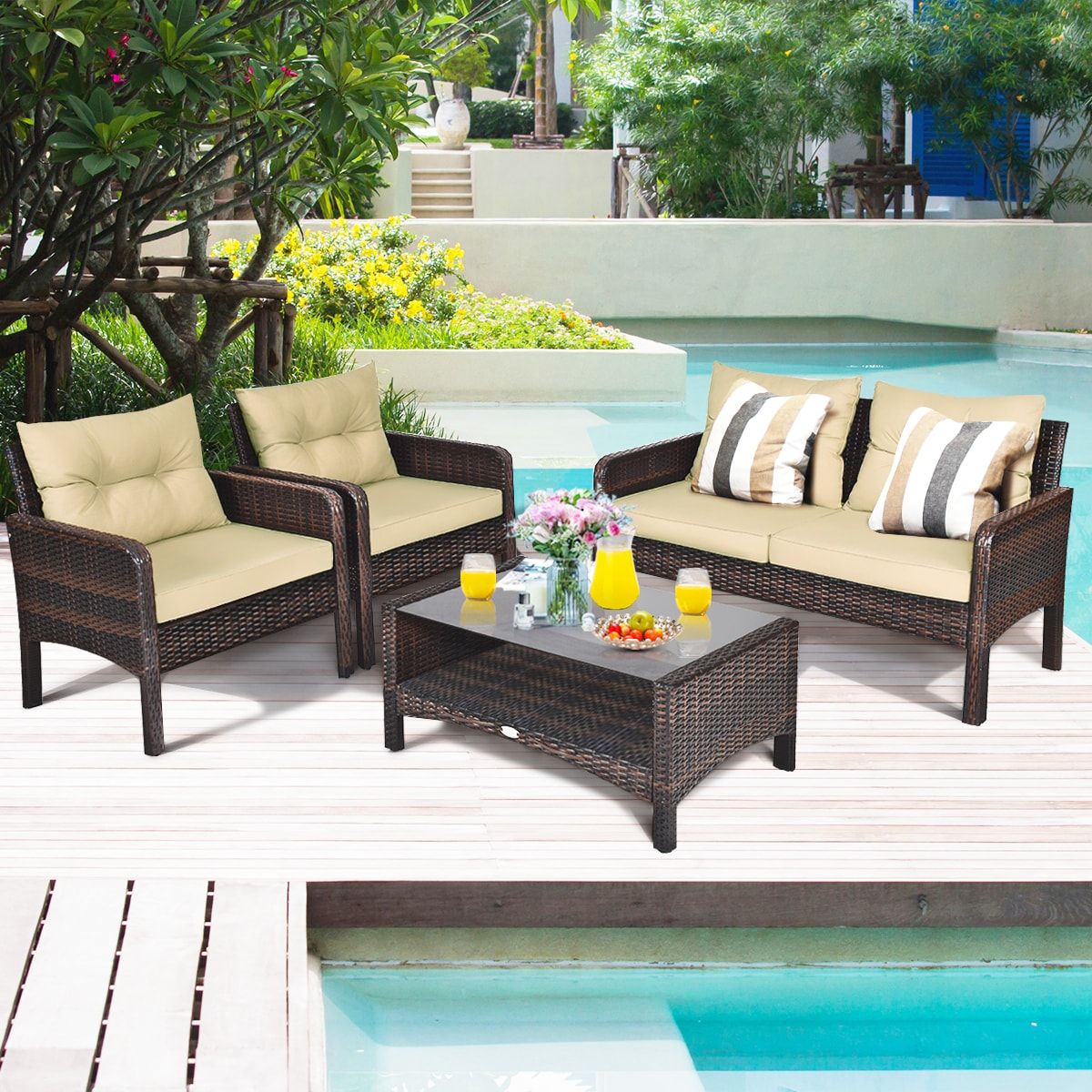 Clihome Outdoor Rattan Furniture Set 4 Piece Rattan Patio Conversation Set  With Brown Cushions In The Patio Conversation Sets Department At Lowes Inside All Weather Rattan Conversation Set (View 9 of 15)
