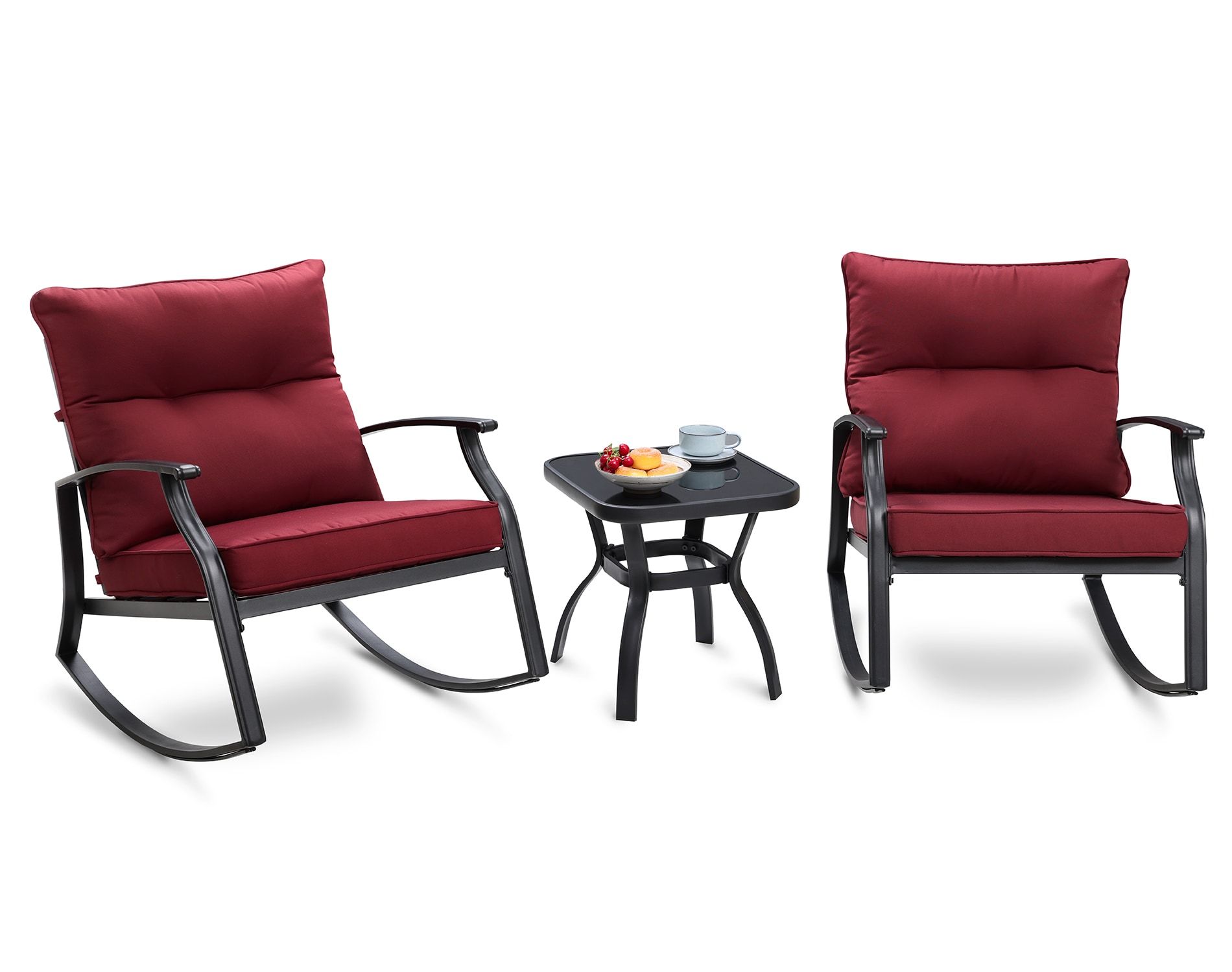 Clihome Patio Rocking Chair 3 Piece Patio Conversation Set With Red Cushions  In The Patio Conversation Sets Department At Lowes Within 3 Piece Cushion Rocking Chair Set (View 15 of 15)