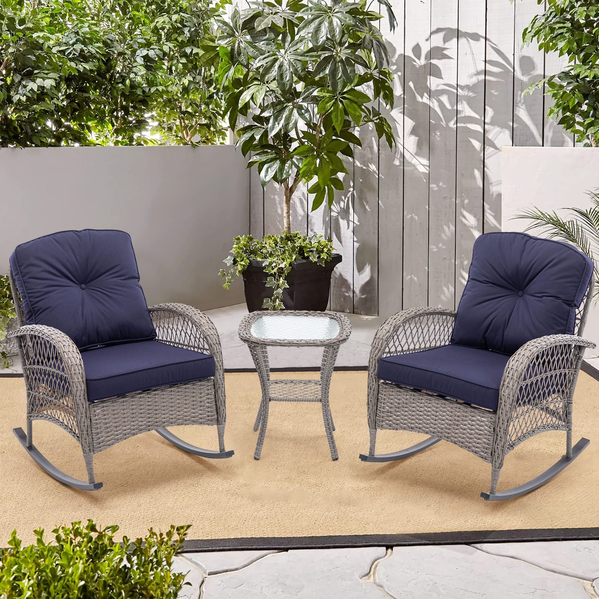 Clihome Wicker Rocking Chair Set 3 Piece Wicker Patio Conversation Set With  Blue Cushions In The Patio Conversation Sets Department At Lowes Inside 3 Piece Cushion Rocking Chair Set (View 3 of 15)