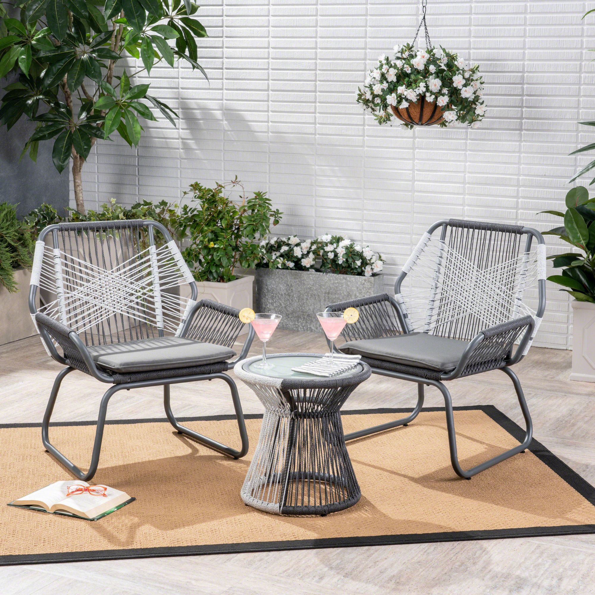 Contemporary Home Living 3 Piece Gray And White Rope Woven Outdoor  Furniture Patio Chat Set – Gray – Walmart Intended For Woven Rope Outdoor 3 Piece Conversation Set (View 6 of 15)