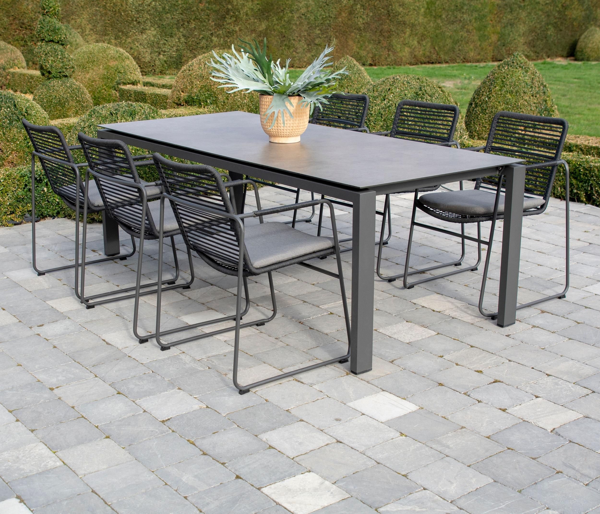 Contemporary Hpl Rectangle Garden Dining Table With 6 Slimline Rope Weave  Modern Dining Chairs. Intended For Outdoor Furniture Metal Rectangular Tables (Photo 5 of 15)
