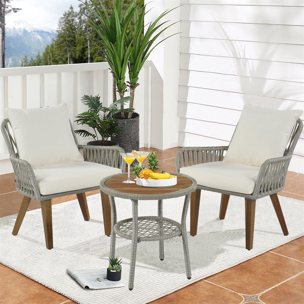 Corrigan Studio® 3 Piece Bistro Set Woven Rope Conversation Set, Wood  Tabletop And Cushions Gray Rope+beige Fabric | Wayfair For Woven Rope Outdoor 3 Piece Conversation Set (Photo 3 of 15)