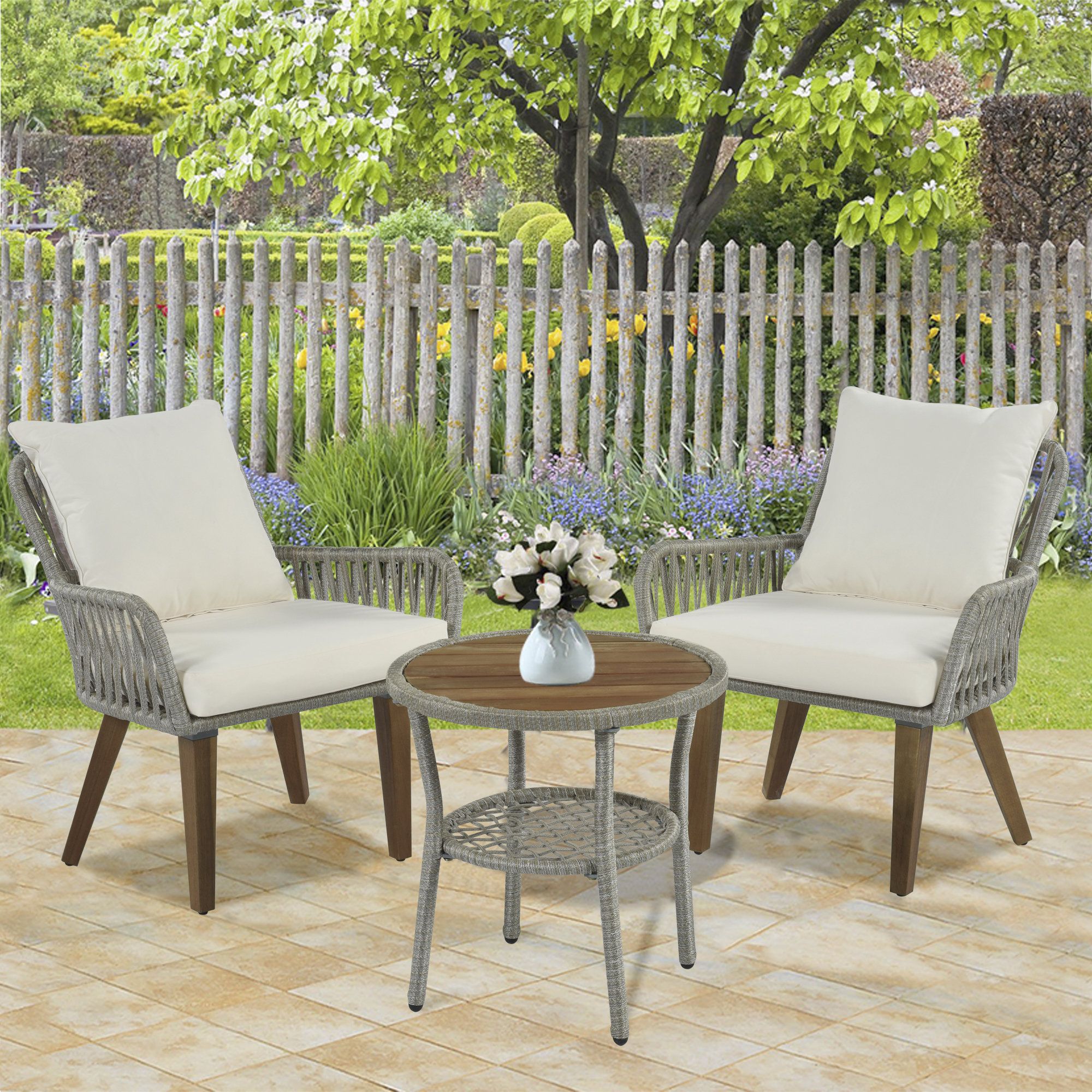 Corrigan Studio® Patio 3 Piece Bistro Set Woven Rope Conversation Set With  Wood Tabletop And Cushions For Balcony, Gray Rope+beige | Wayfair Intended For Woven Rope Outdoor 3 Piece Conversation Set (Photo 12 of 15)