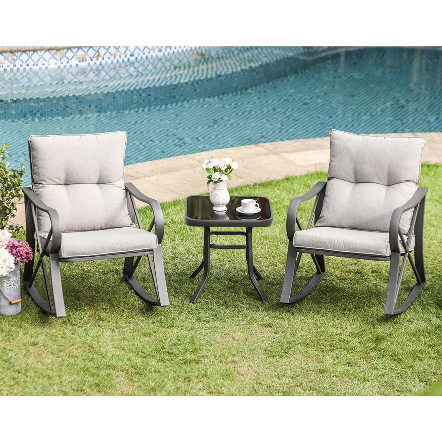 Cosiest 3 Piece Outdoor Rocking Chair Chat Set With Side Table – On Sale –  Overstock – 31479293 In 3 Piece Cushion Rocking Chair Set (View 13 of 15)