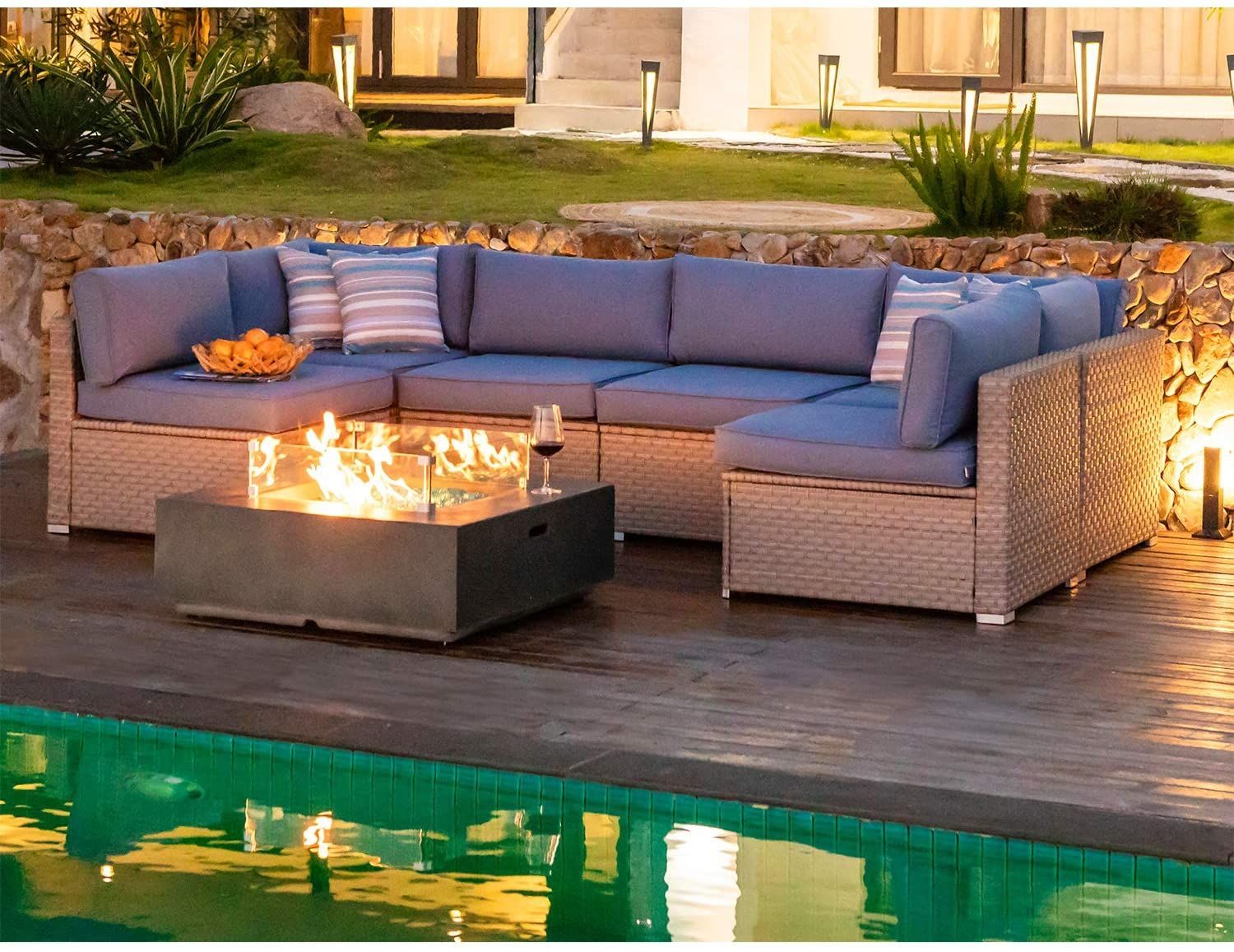 Cosiest 8 Piece Propane Fire Pit Outdoor Wicker Sectional Sofa, Warm Gray Patio  Furniture Set W 35 Inch Square Celadon Fire Table (50,000 Btu), Tank Cover  And W… | Gray Patio Furniture, Patio Throughout Fire Pit Table Wicker Sectional Sofa Conversation Set (View 15 of 15)