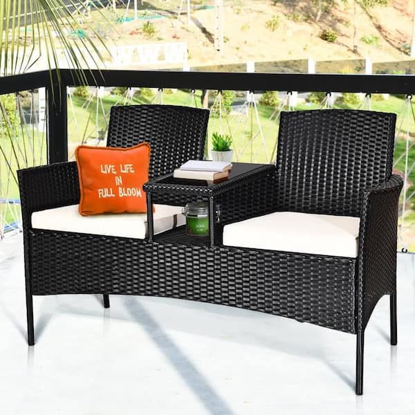 Costway 1 Piece Patio Rattan Loveseat Table Chairs Chat Set Seat Sofa  Conversation Set With White Cushions Op3422 – The Home Depot For Outdoor Cushioned Chair Loveseat Tables (View 2 of 15)
