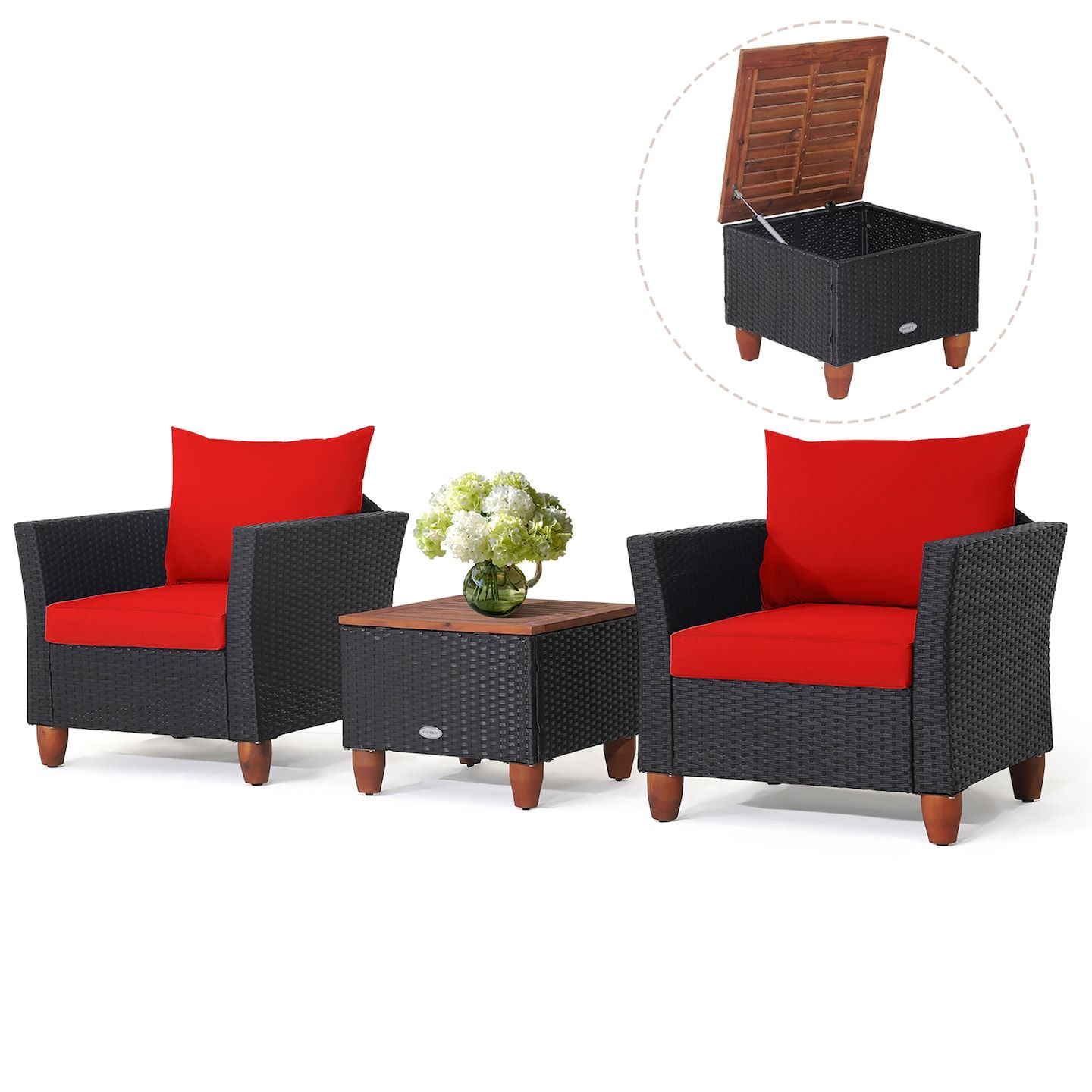 Costway 3pcs Patio Rattan Furniture Set Cushioned Sofa Storage Table With  Wood Top Red/black | Michaels Regarding Furniture Conversation Set Cushioned Sofa Tables (View 11 of 15)