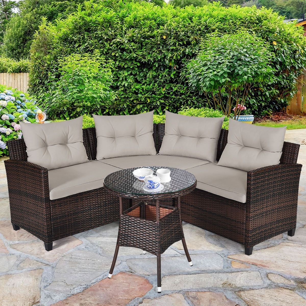 Costway 4pcs Outdoor Patio Rattan Furniture Set Cushioned Sofa Table –  Overstock – 30686664 With Regard To Furniture Conversation Set Cushioned Sofa Tables (View 2 of 15)