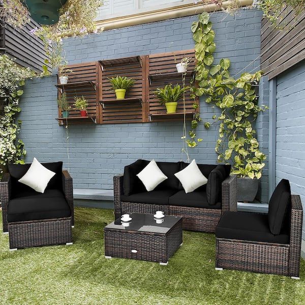 Costway Patio Rattan Furniture Set Cushion Sofa Coffee Table With Black  Cushions Hw63877bk+ – The Home Depot Regarding Cushions & Coffee Table Furniture Couch Set (Photo 3 of 15)