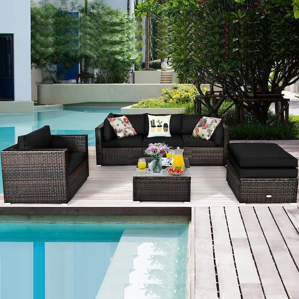 Costway Patio Rattan Furniture Set Cushion Sofa Coffee Table With Black  Cushions Hw63877bk+ – The Home Depot Throughout Furniture Conversation Set Cushioned Sofa Tables (View 4 of 15)