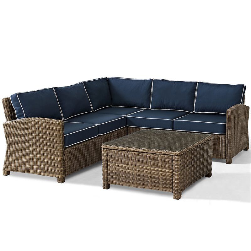Crosley Bradenton 4 Piece Wicker Patio Sectional Set In Brown And Navy |  Bushfurniturecollection For 4 Piece Outdoor Wicker Seating Set In Brown (Photo 15 of 15)