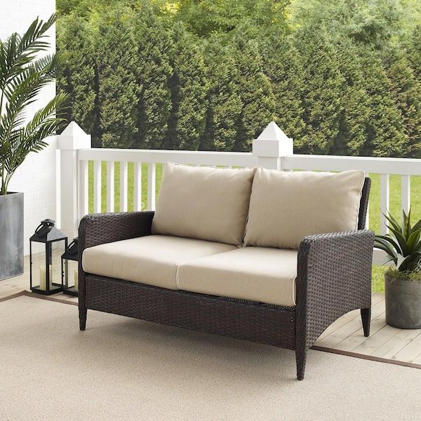 Crosley Furniture Kiawah Wicker Outdoor Loveseat With Sand Cushions  Ko70065br Sa – The Home Depot Pertaining To Outdoor Sand Cushions Loveseats (View 5 of 15)