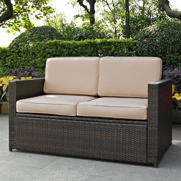 Crosley Furniture Palm Harbor Wicker Outdoor Loveseat With Sand Cushions  Ko70092br Sa – The Home Depot In Outdoor Sand Cushions Loveseats (View 6 of 15)