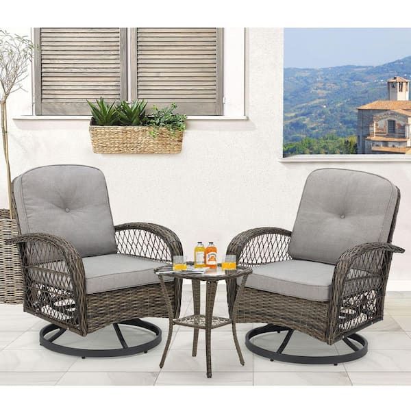 Erommy 3 Piece Wicker Outdoor Bistro Set With Grey Cushions, 360 Degree  Swivel Patio Rocking Chairs Baaa003gy – The Home Depot Within Patio Furniture Wicker Outdoor Bistro Set (Photo 1 of 15)