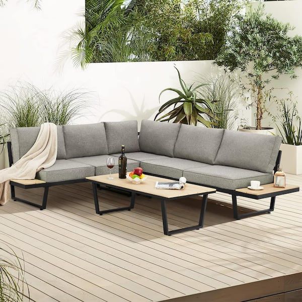 Erommy 4 Piece Outdoor Conversation Set, All Weather L Shaped Metal Patio  Sectional Sofa Set With Gray Cushion Lyot 007gr – The Home Depot Regarding All Weather Wicker Sectional Seating Group (Photo 14 of 15)