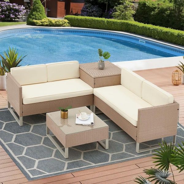 Erommy 4 Piece Patio Conversation Sets, Rattan Wicker Sectional Sofa Couch  And Coffee Table With Storage Cabinet, Beige Baaa014bg – The Home Depot Regarding Outdoor Rattan Sectional Sofas With Coffee Table (View 3 of 15)