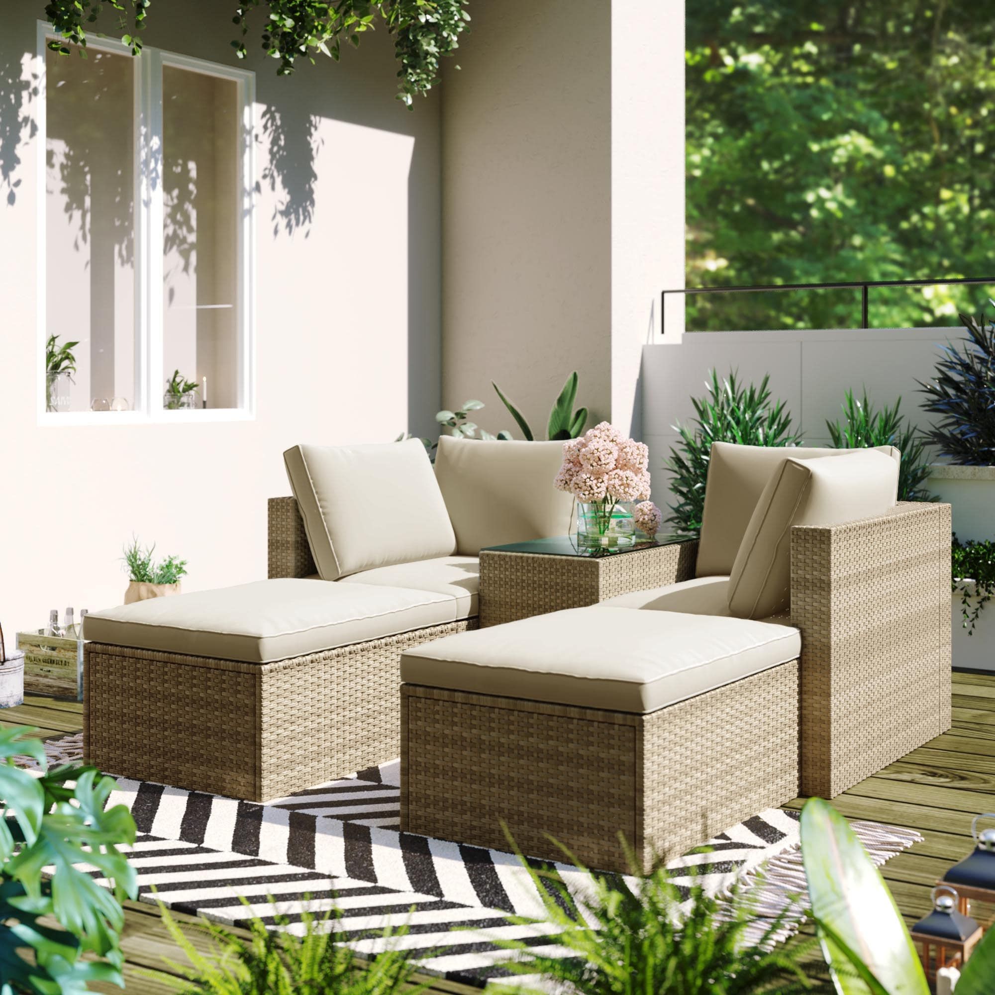 Es Diy Palm City 5 Piece Rattan Patio Conversation Set With Off White  Cushions In The Patio Conversation Sets Department At Lowes Pertaining To 5 Piece Outdoor Patio Furniture Set (View 11 of 15)