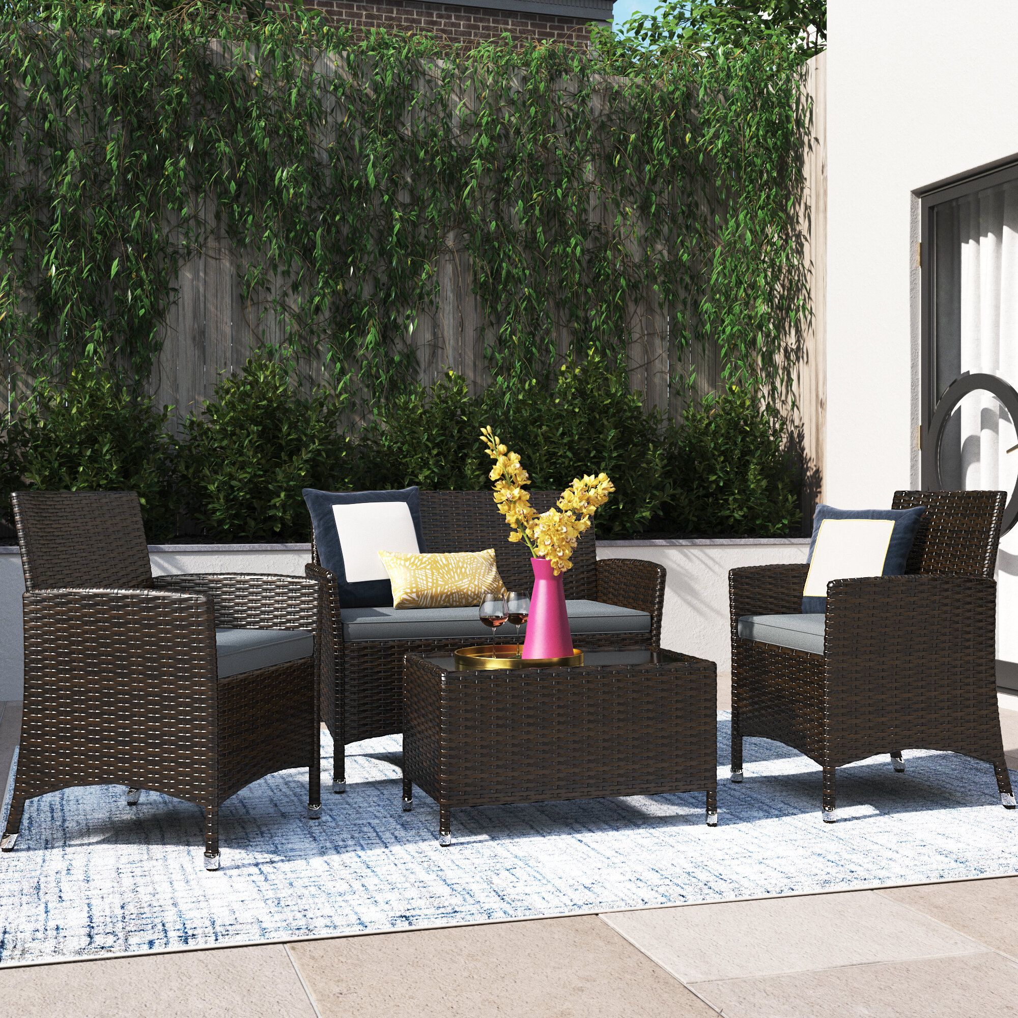 Etta Avenue™ Rayna 4 – Person Outdoor Seating Group With Cushions & Reviews  | Wayfair Inside Outdoor Cushioned Chair Loveseat Tables (View 11 of 15)