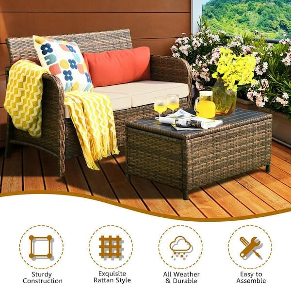 Forclover 2 Piece Wicker Patio Conversation Set With Beige Cushion And  Slatted Top Coffee Table Cowy 66927 – The Home Depot With Regard To Outdoor Couch Cushions, Throw Pillows And Slat Coffee Table (Photo 5 of 15)