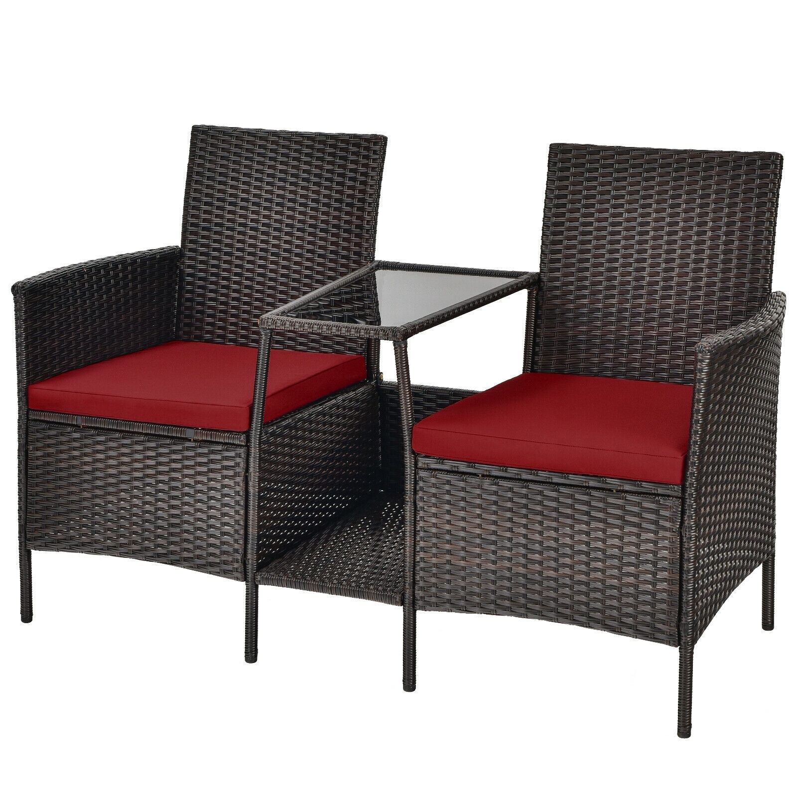 Forclover Patio Rattan Wicker Conversation Set Sofa Cushioned Loveseat  Glass Table Red In The Patio Chairs Department At Lowes Within Cushioned Chair Loveseat Tables (Photo 8 of 15)